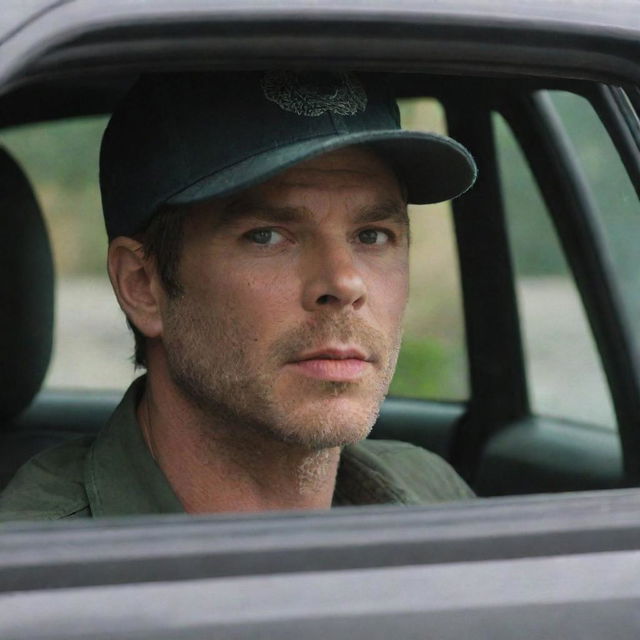 Dexter Morgan, wearing a cap, inside a car, strategically peeking at an intricate portrayal of a hybrid furry wolf.