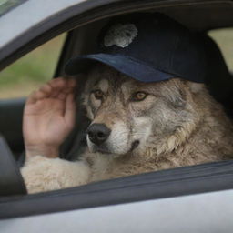 Dexter Morgan, wearing a cap, inside a car, strategically peeking at an intricate portrayal of a hybrid furry wolf.