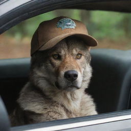 Dexter Morgan, wearing a cap, inside a car, strategically peeking at an intricate portrayal of a hybrid furry wolf.