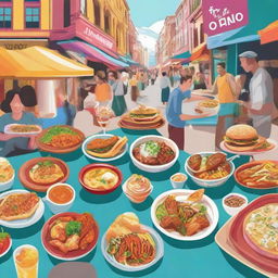 A vibrant and colorful image showcasing a variety of delicious global street foods that can be enjoyed on a $10 budget