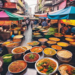 A vibrant and colorful image showcasing a variety of delicious global street foods that can be enjoyed on a $10 budget