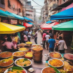 A vibrant and colorful image showcasing a variety of delicious global street foods that can be enjoyed on a $10 budget