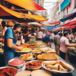 A vibrant and colorful image showcasing a variety of delicious global street foods that can be enjoyed on a $10 budget