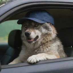 Dexter Morgan, wearing a cap, inside a car, strategically peeking at an intricate portrayal of a hybrid furry wolf.