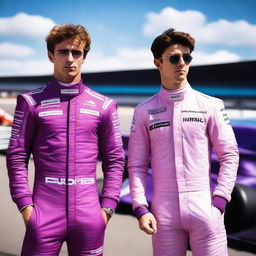 Two formula one drivers, one blonde who looks like Logan Sargeant and one brown haired one who looks like Charles Leclerc, both in purple race suits