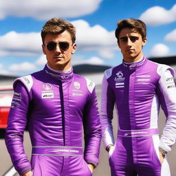 Two formula one drivers, one blonde who looks like Logan Sargeant and one brown haired one who looks like Charles Leclerc, both in purple race suits