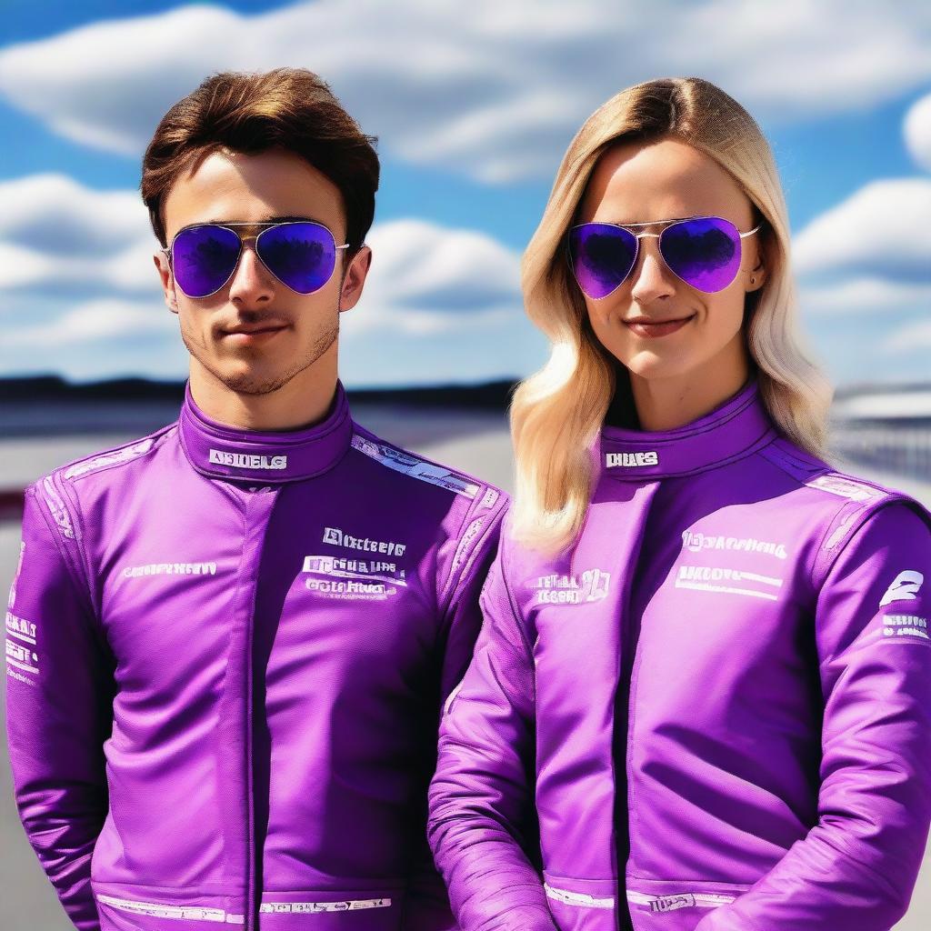 Two formula one drivers, one blonde who looks like Logan Sargeant and one brown haired one who looks like Charles Leclerc, both in purple race suits