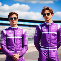 Two formula one drivers, one blonde who looks like Logan Sargeant and one brown haired one who looks like Charles Leclerc, both in purple race suits