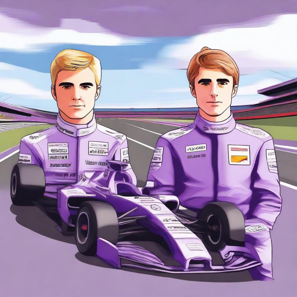 Create a digital illustration featuring two formula one drivers