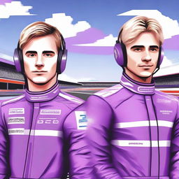 Create a digital illustration featuring two formula one drivers