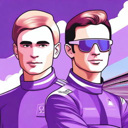 Create a digital illustration featuring two formula one drivers