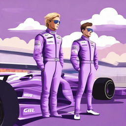 Create a digital illustration featuring two formula one drivers