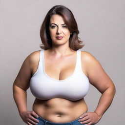 A woman with extremely large breasts, standing confidently