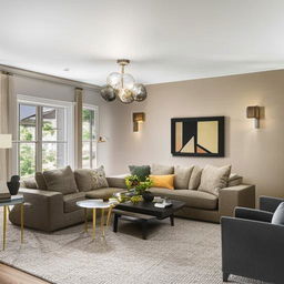 An expertly decorated contemporary living room with inviting furniture, muted color-tones, and tasteful modern light fixtures.