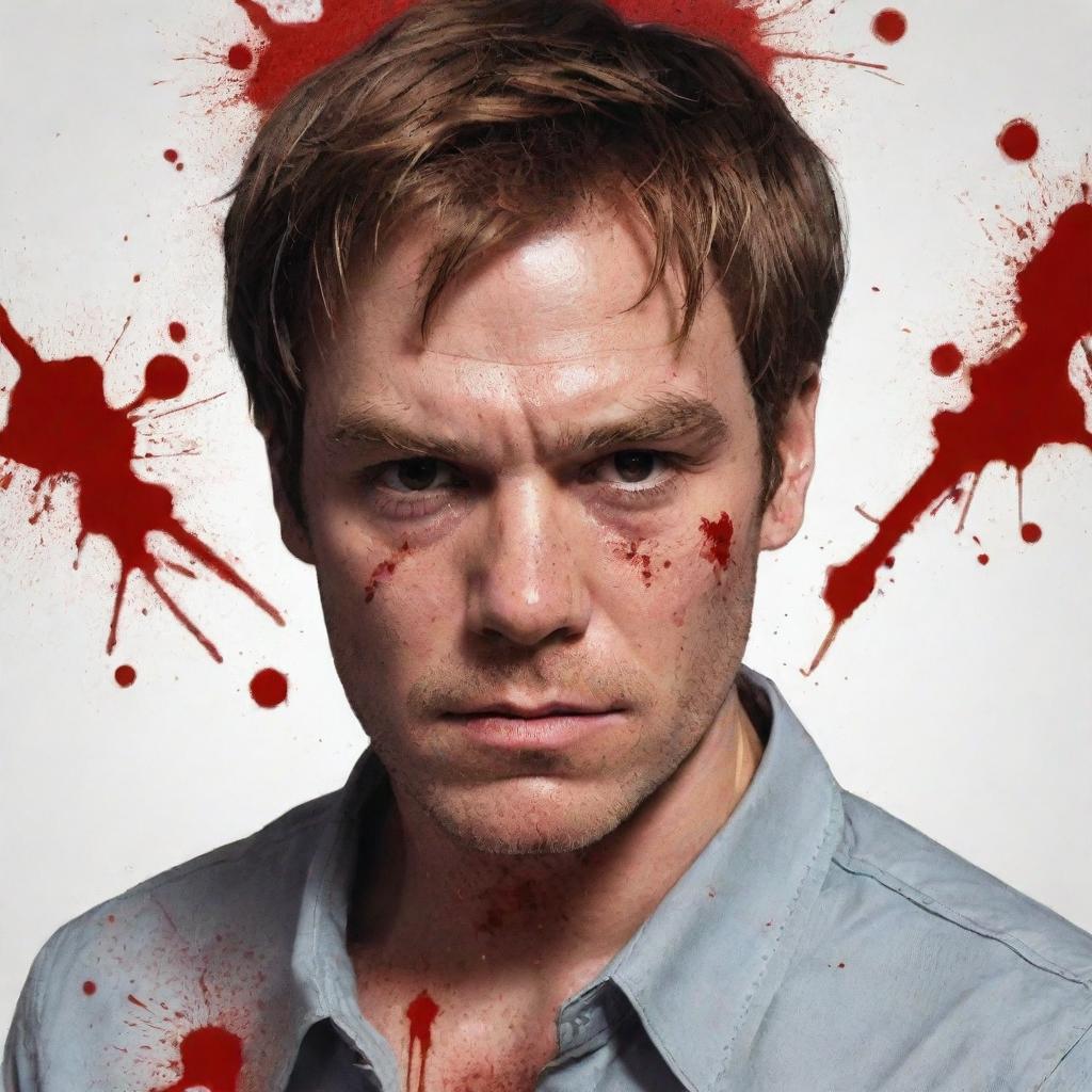 Anime style illustration of Dexter Morgan with a neutral expression on his face and splatters of blood