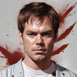 Anime style illustration of Dexter Morgan with a neutral expression on his face and splatters of blood