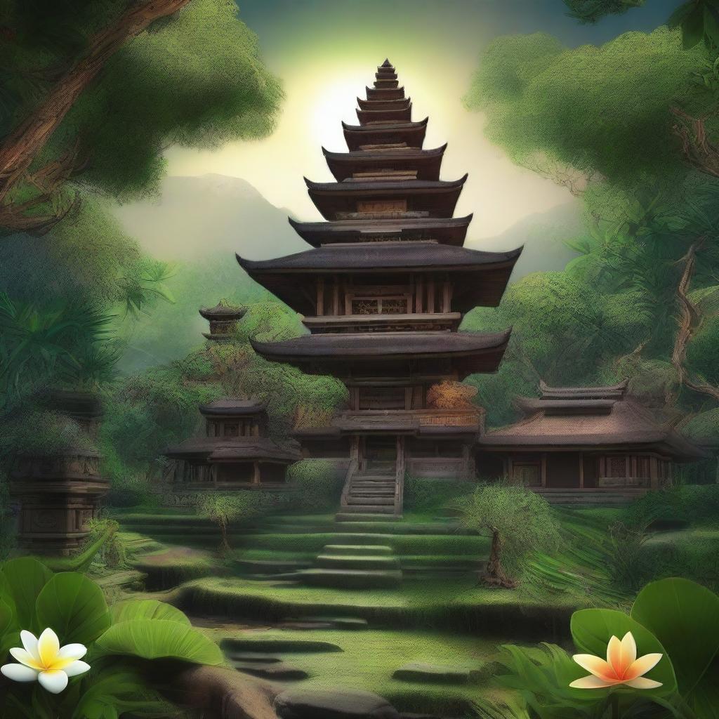 An artistic representation of the Balinese philosophy of Tri Hita Karana, which emphasizes harmony between humans, nature, and the divine