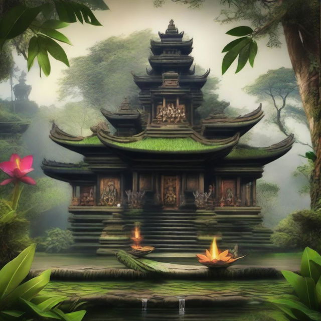 An artistic representation of the Balinese philosophy of Tri Hita Karana, which emphasizes harmony between humans, nature, and the divine