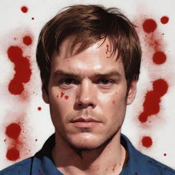 Anime style illustration of Dexter Morgan with a neutral expression on his face and splatters of blood