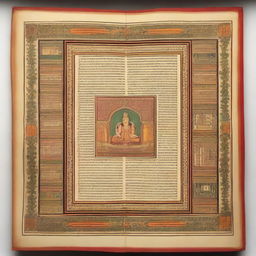 An ancient and beautifully illustrated manuscript of the Vedas, featuring intricate designs and vibrant colors