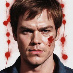 Anime style illustration of Dexter Morgan with a neutral expression on his face and splatters of blood