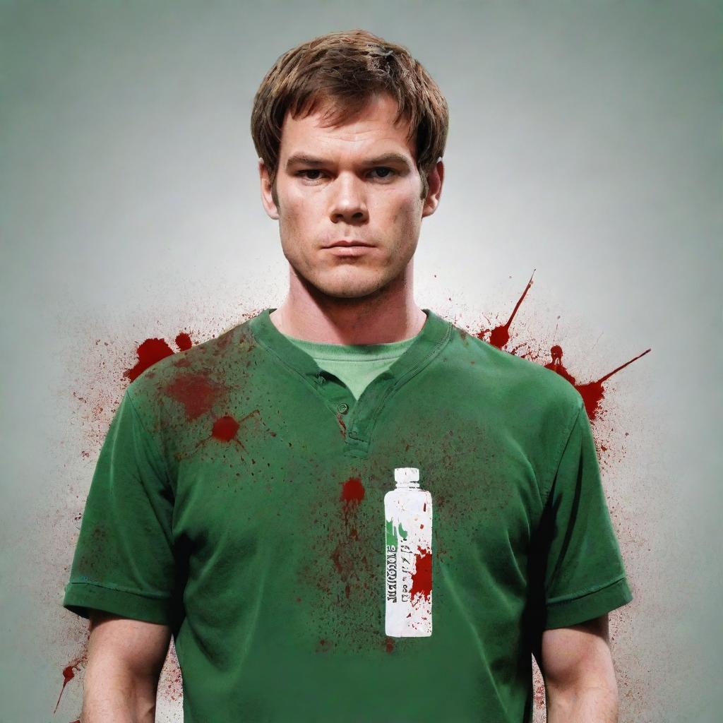 Anime-style depiction of Dexter Morgan, the main character from the TV series 'Dexter', wearing his iconic green henley shirt with a blood spatter pattern and holding a syringe.