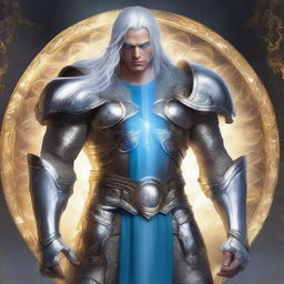 Aerdor has a muscular physique, long silvery-streaked hair, he is clean shaven, and has luminous blue eyes