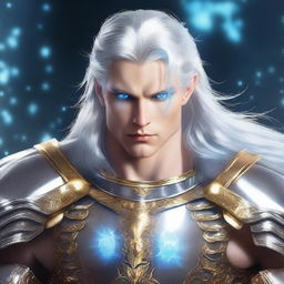 Aerdor has a muscular physique, long silvery-streaked hair, he is clean shaven, and has luminous blue eyes