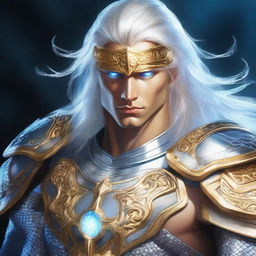 Aerdor has a muscular physique, long silvery-streaked hair, he is clean shaven, and has luminous blue eyes