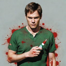 Anime-style depiction of Dexter Morgan, the main character from the TV series 'Dexter', wearing his iconic green henley shirt with a blood spatter pattern and holding a syringe.