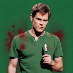 Anime-style depiction of Dexter Morgan, the main character from the TV series 'Dexter', wearing his iconic green henley shirt with a blood spatter pattern and holding a syringe.