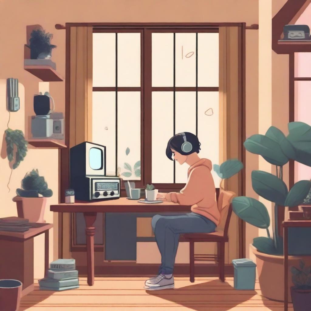 Create a lofi album cover featuring a cozy room with a person sitting by the window, wearing headphones and sipping coffee