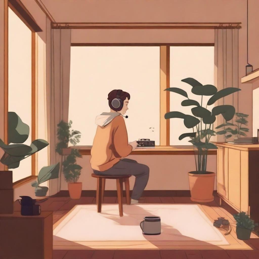 Create a lofi album cover featuring a cozy room with a person sitting by the window, wearing headphones and sipping coffee