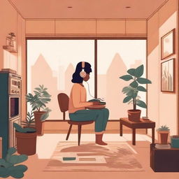 Create a lofi album cover featuring a cozy room with a person sitting by the window, wearing headphones and sipping coffee