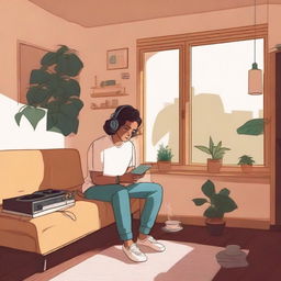 Create a lofi album cover featuring a cozy room with a person sitting by the window, wearing headphones and sipping coffee