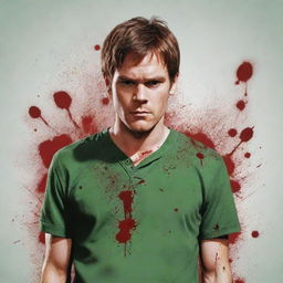 Anime-style depiction of Dexter Morgan, the main character from the TV series 'Dexter', wearing his iconic green henley shirt with a blood spatter pattern and holding a syringe.