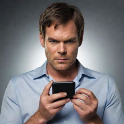 Dexter Morgan, the iconic character from the TV Show 'Dexter', casually using his smartphone with his typical mysterious expression.