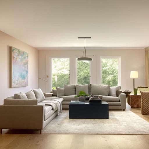 An expertly decorated contemporary living room with inviting furniture, muted color-tones, and tasteful modern light fixtures.