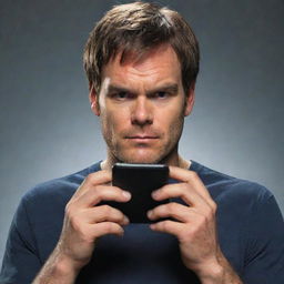 Dexter Morgan, the iconic character from the TV Show 'Dexter', casually using his smartphone with his typical mysterious expression.