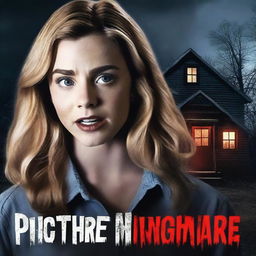 A horror movie poster for Lifetime's 'Picture Perfect Nightmare' featuring a terrified white girl as the protagonist, with a remote cabin and sinister photographer in the background