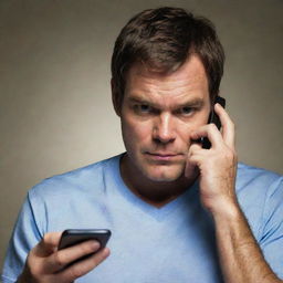 Dexter Morgan, the iconic character from the TV Show 'Dexter', casually using his smartphone with his typical mysterious expression.