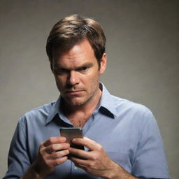 Dexter Morgan, the iconic character from the TV Show 'Dexter', casually using his smartphone with his typical mysterious expression.