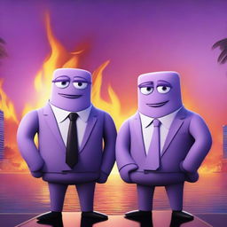 A movie poster featuring two light-purple rectangular cartoon characters with arms, legs, and eyes, dressed in business suits