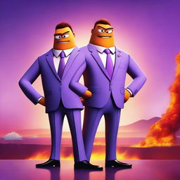 A movie poster featuring two light-purple rectangular cartoon characters with arms, legs, and eyes, dressed in business suits