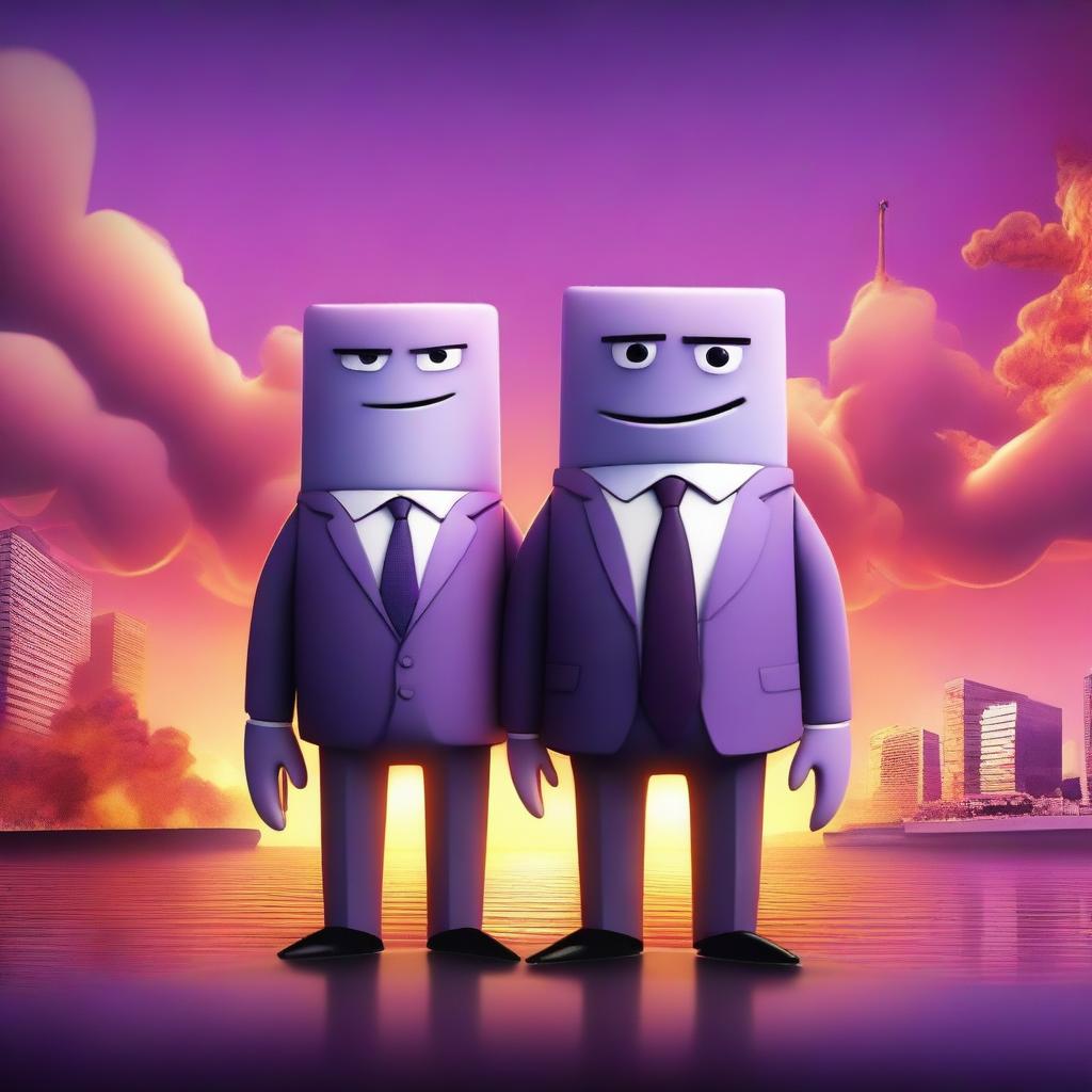 A movie poster featuring two light-purple rectangular cartoon characters with arms, legs, and eyes, dressed in business suits