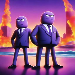 A movie poster featuring two light-purple rectangular cartoon characters with arms, legs, and eyes, dressed in business suits