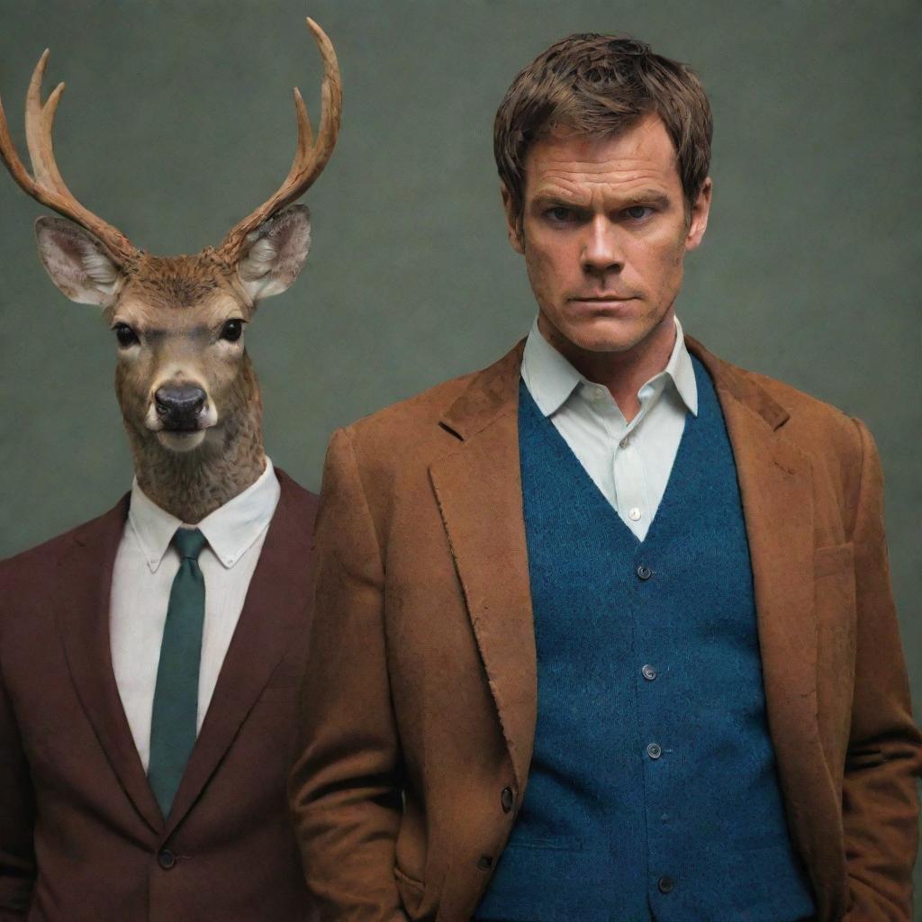 Dexter Morgan, the intelligent blood spatter analyst from 'Dexter', and Louis, the charming, intellectual deer from 'Beastars', standing back to back in a dramatic and tense atmosphere.