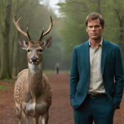 Dexter Morgan, the intelligent blood spatter analyst from 'Dexter', and Louis, the charming, intellectual deer from 'Beastars', standing back to back in a dramatic and tense atmosphere.