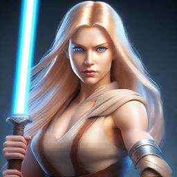 A beautiful Jedi with long blonde hair, blue eyes, and a toned body