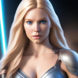 A beautiful Jedi with long blonde hair, blue eyes, and a toned body